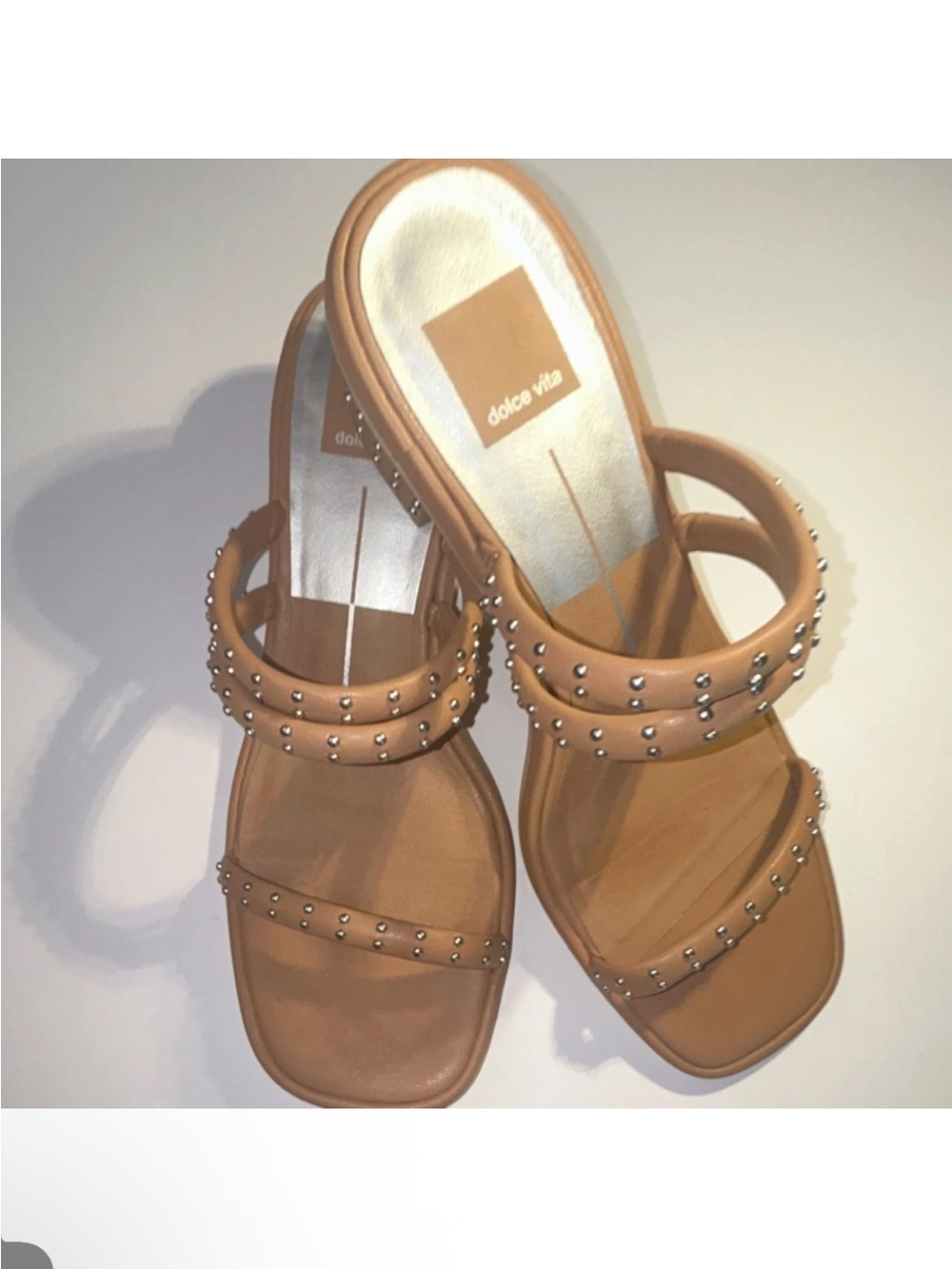 Dolce Vita Tan Double-Strap Studded Slide Sandals